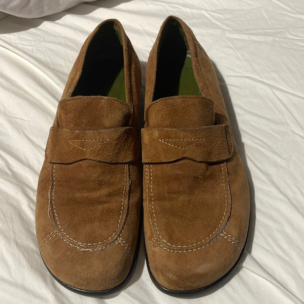 Donald J. Pliner 8m cognac suede flat loafer leather lined leather soles euc